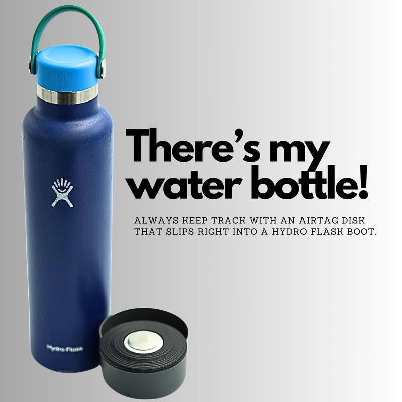 An airtag disk sits inside of a Hydro Flask Boot to help user track location of water bottle.